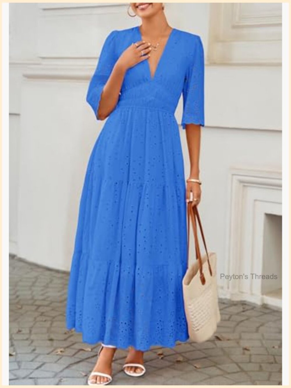 Long Sleeve Maxi Dress V Neck Hollow Out Eyelet Ruffle Swing A-Line Fall Boho - Picture 4 of 7